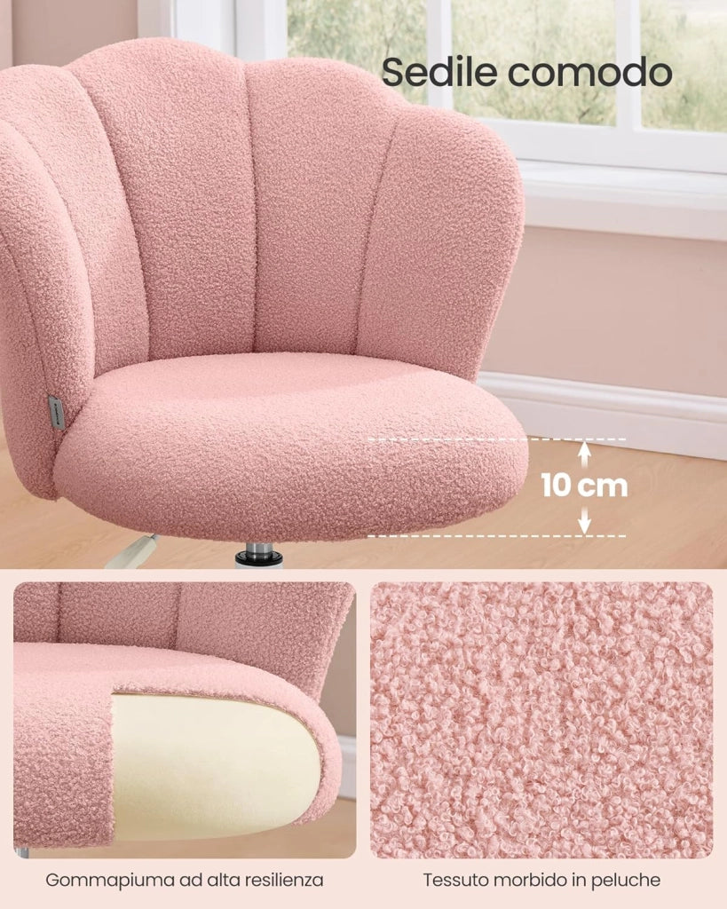 SONGMICS Sedia da Ufficio Girevole a 360°, Sedia da Trucco Imbottita, Tessuto Peluche, Regge 110 kg, Schienale a Petali, Altezza Regolabile, Soggiorno Camera da Letto, Rosa Pastello OBG030SA01
