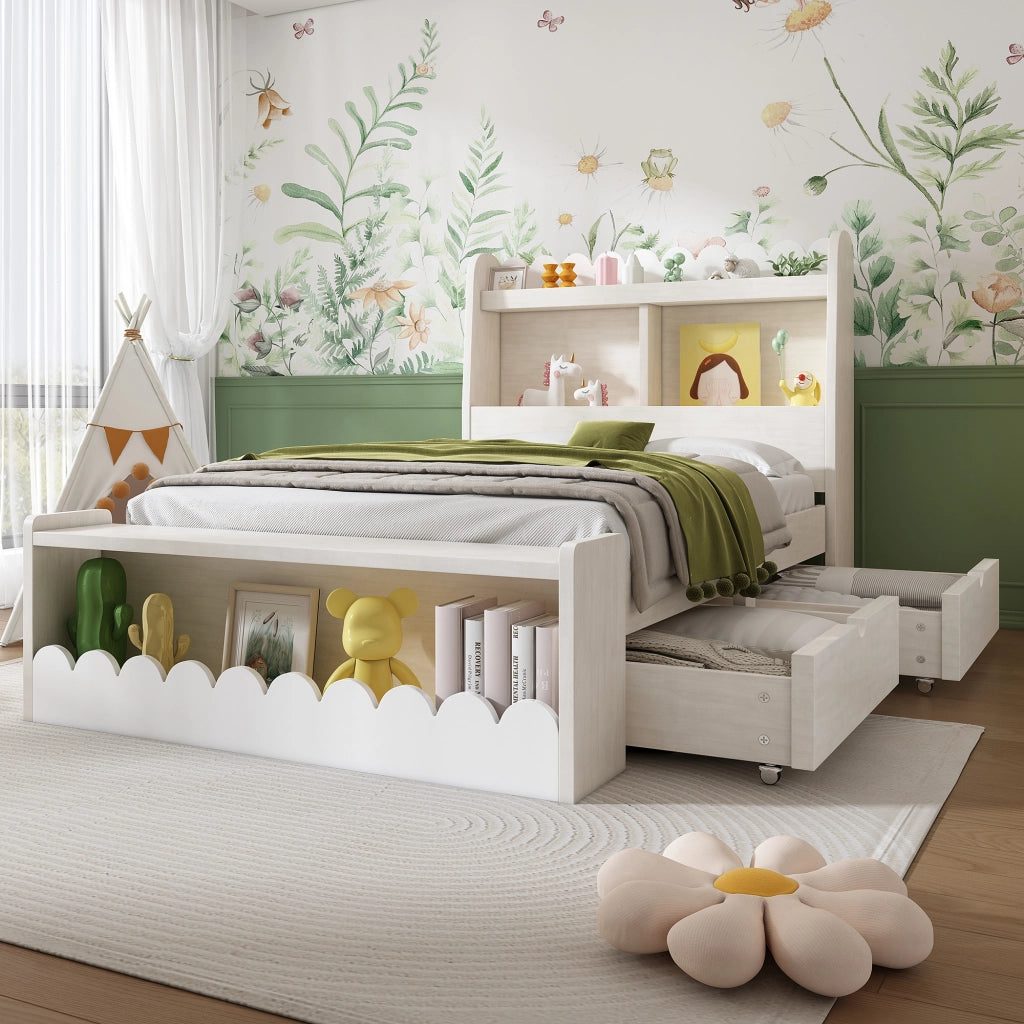 OKWISH Letto Bambino 90×200 cm, Letto Singolo con 2 Cassetti, Mensole e Panca Contenitore, senza Materasso, Legno e MDF, Bianco e Rovere