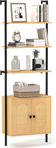 Libreria contro parete, scala con 4 ripiani e armadio con ante in rattan, mensola da parete in metallo e legno, scaffale da parete per scale (60 x 30 x 184 cm)