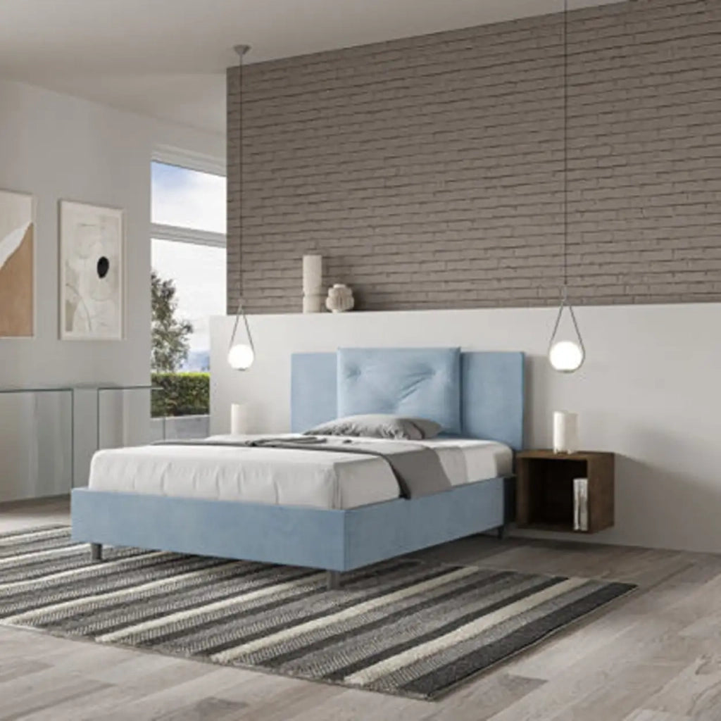 Letto matrimoniale francese senza rete imbottito 140x210 microfibra azzurro Appia