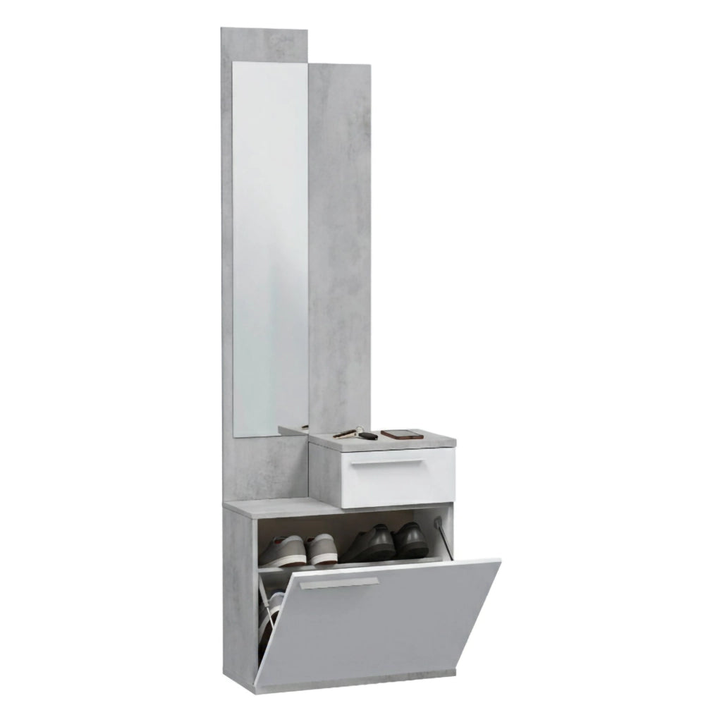 Mobile da ingresso Azzurro, Scarpiera multifunzione con specchio, Armadio a 1 anta e 1 cassetto, 61x28h185 cm, Cemento e Bianco lucido