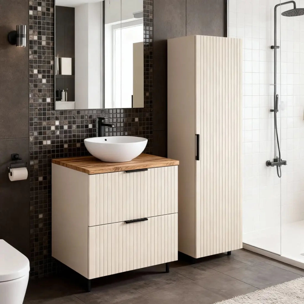 Set da bagno NOXERA 60 cm – Marrone congo & wotan – piano per lavabo + colonna