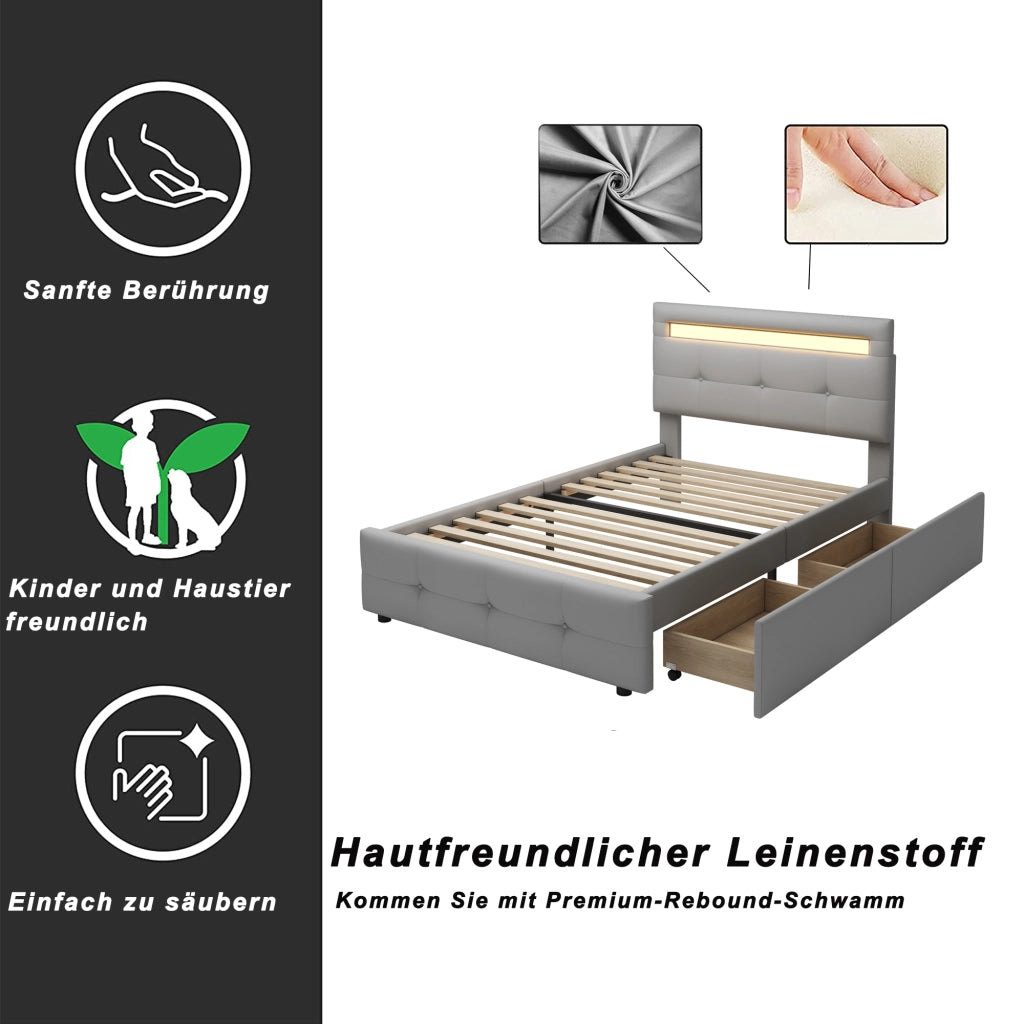 Letto singolo 90×200 cm con 2 cassetti e LED; rete inclusa; senza materasso; imbottito; grigio