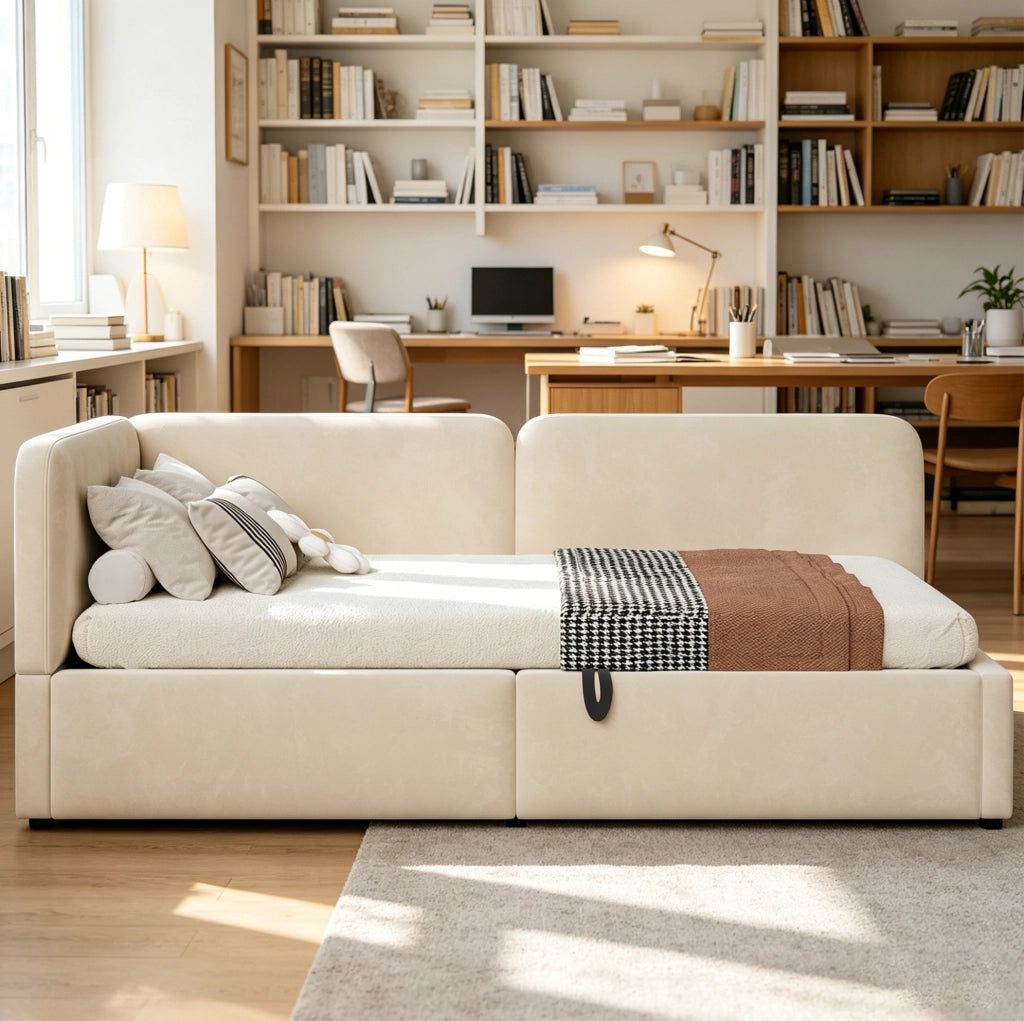 Letto singolo imbottito 90x200 cm in velluto beige con vano contenitore idraulico