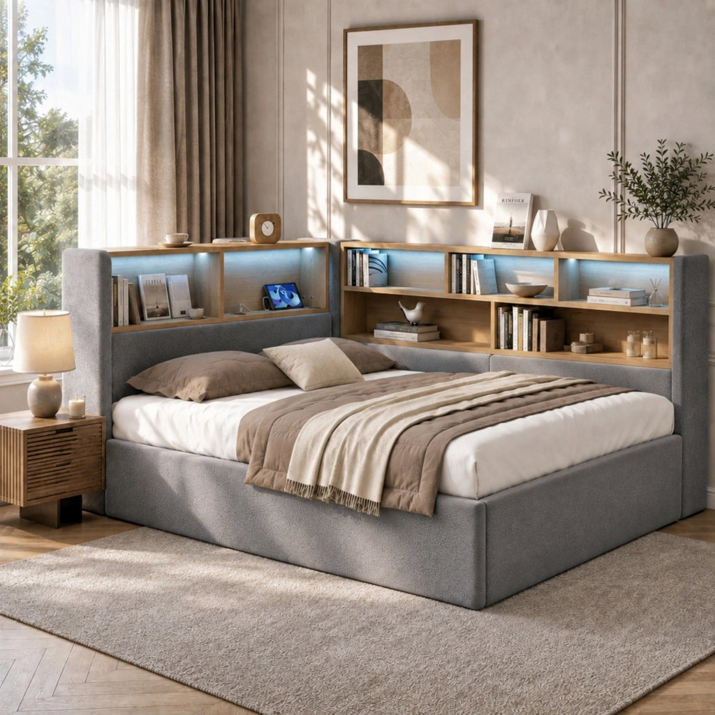 Letto imbottito in velluto grigio con LED, USB-C e contenitore