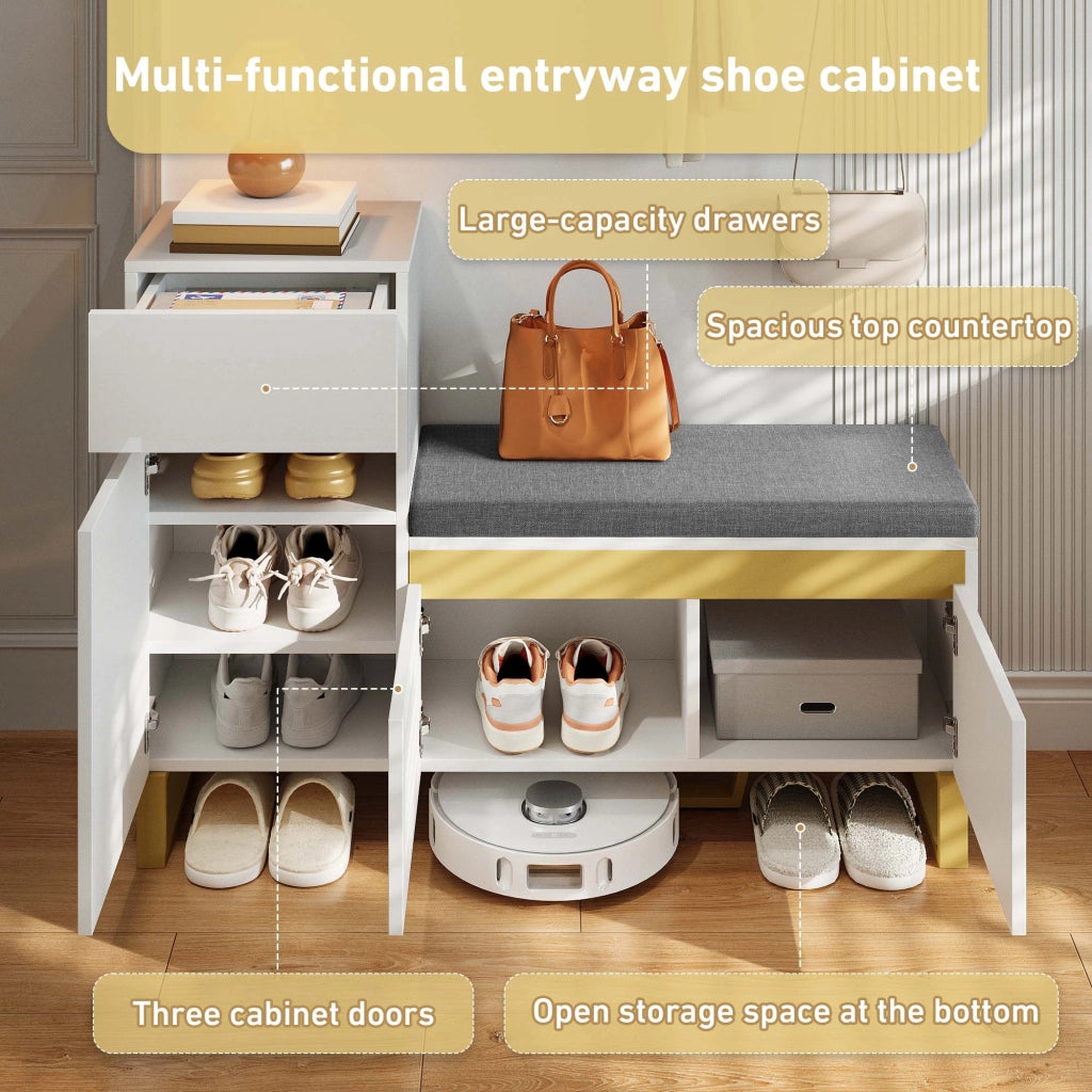 OKWISH Scarpiera con 2 Ante, 1 Cassetto e Panca Imbottita, Mobile per Ingresso in MDF Bianco, 120 x 35 x 85 cm