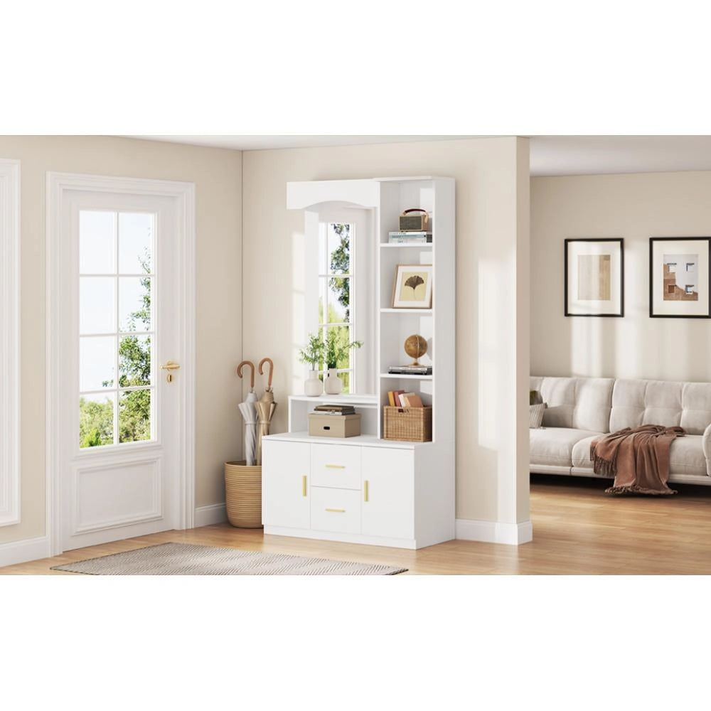 Mobile d'ingresso multifunzionale 90x40x180 cm, bianco ¨C armadio scarpe, specchio, 2 cassetti, 2 ante, ripiani ¨C per corridoio e soggiorno