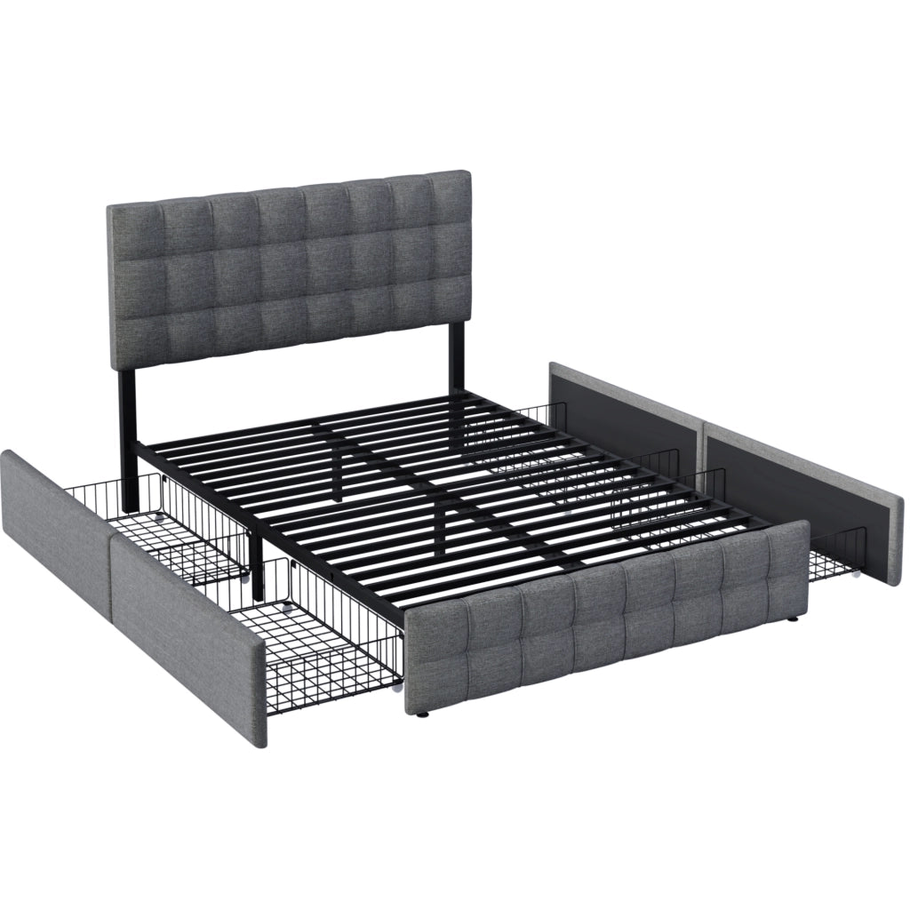 Letto 140x200 cm in velluto grigio con 4 cassetti e rete a doghe