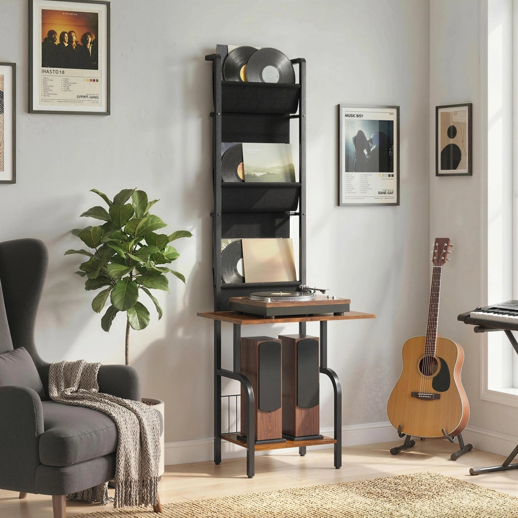 Libreria per CD e DVD con 3 tasche in tessuto e ripiano ¨C zephmum ¨C Legno effetto rustico marrone