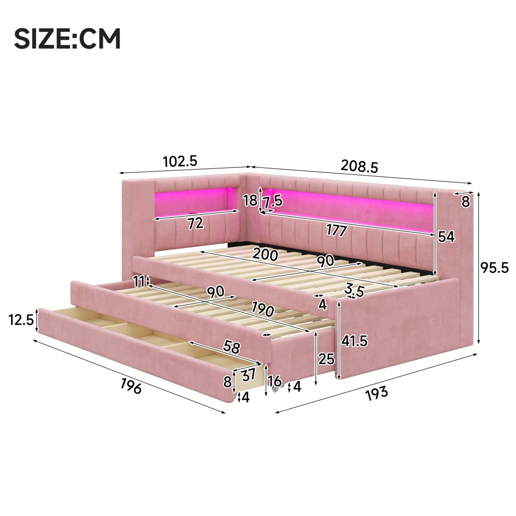 Letto singolo imbottito 90x200 rosa con LED; USB; letto estraibile e 3 cassetti