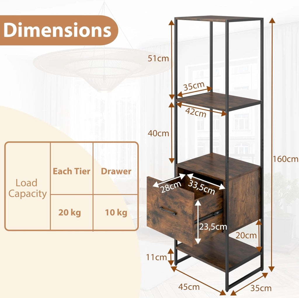 Scaffale a 5 livelli, libreria con 4 ripiani aperti e 1 cassetto, con kit antiribaltamento, 45 x 35 x 160 cm, scaffale portaoggetti per soggiorno, camera da letto, ufficio (marrone)