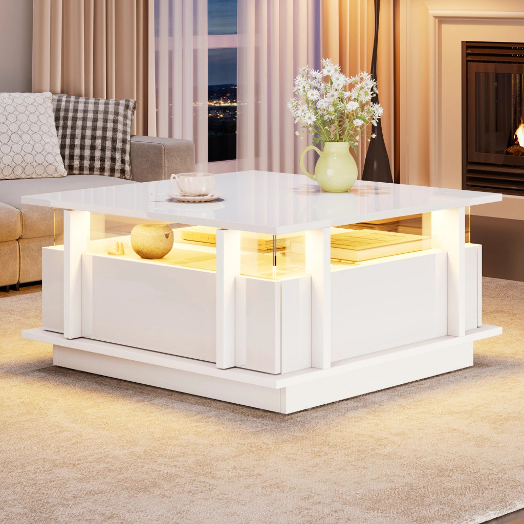 TAVOLINO Quadrato 70x70x35 cm Bianco lucido con 2 cassetti e illuminazione LED
