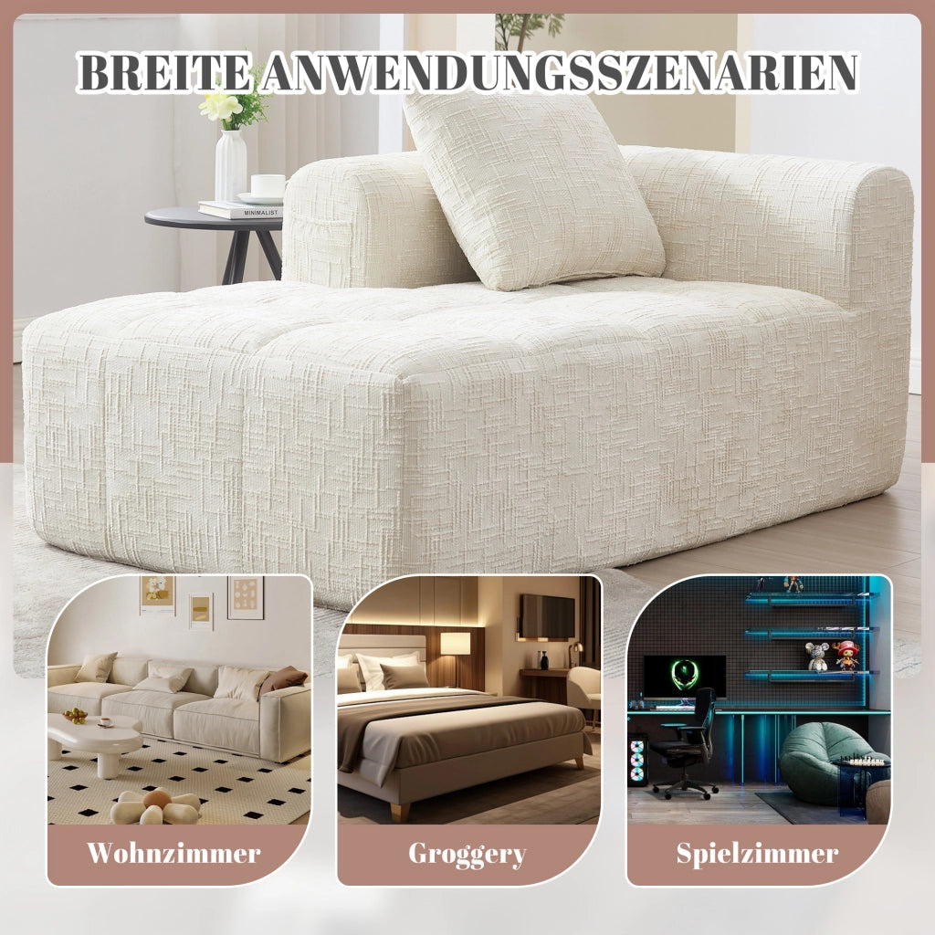 Divano chaise longue in ciniglia beige con tasche laterali e cuscino