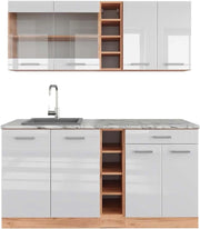 Cucina completa R-Line, Bianco lucido/oro power oak, 160 cm, PL Marmo, adatto per combinazioni ed espansioni personalizzate