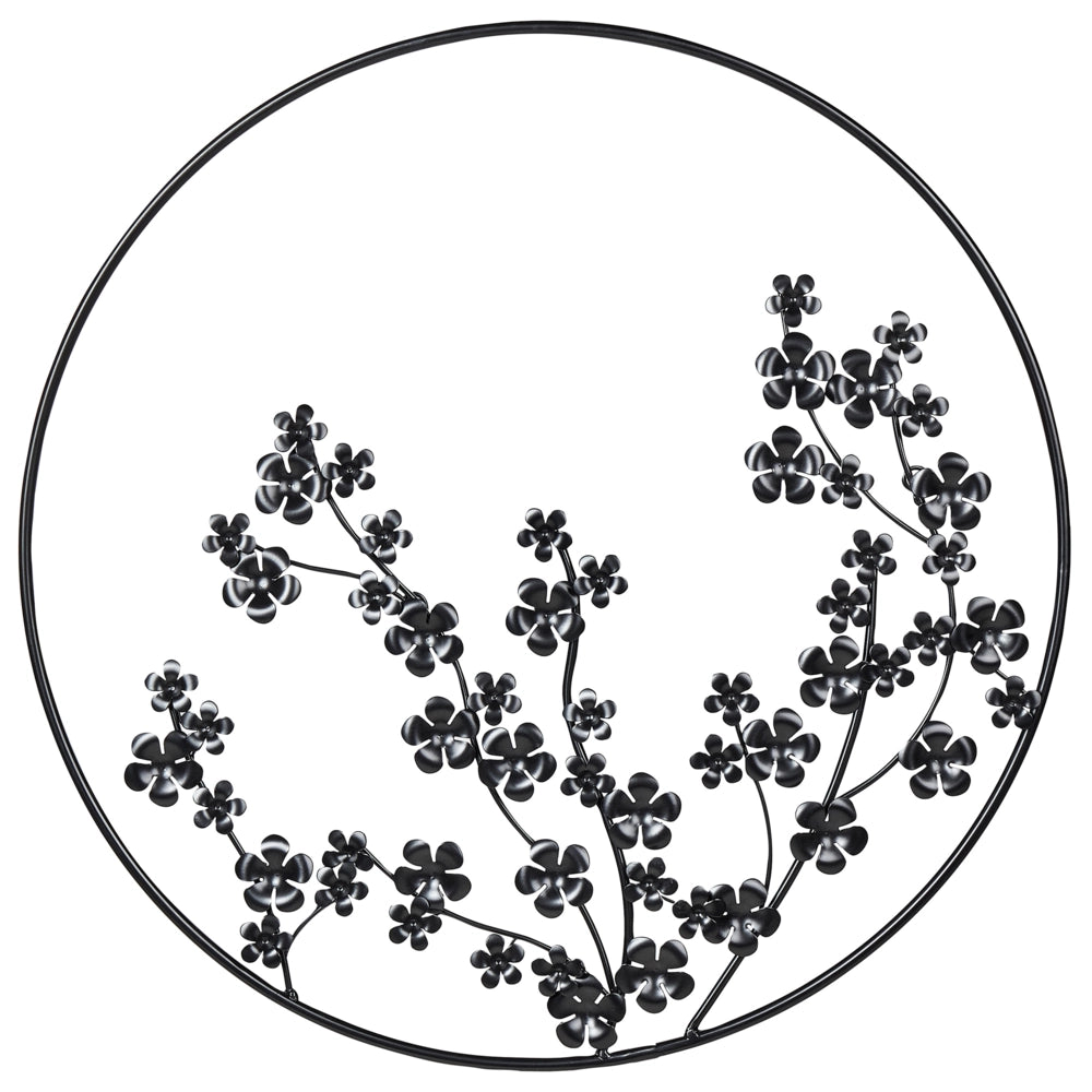 Moderna decorazione floreale in metallo nero con cornice rotonda ⌀ 70 cm arte moderna accessorio industriale