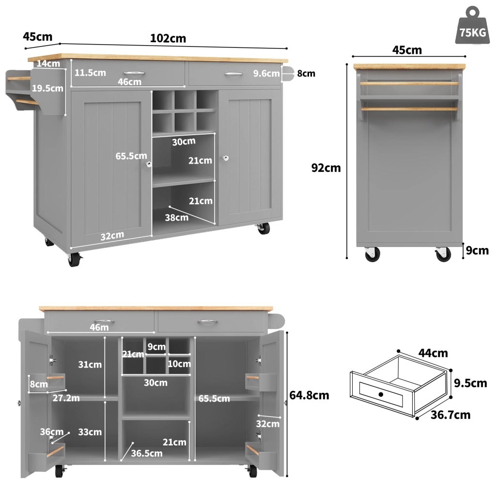Carrello da Cucina con Ripiani Regolabili e Portabottiglie; con Ruote; MDF e Metallo; 102 x 45 x 92 cm; Grigio