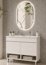 Mobile bagno con piedini con lavabo extrapiano ORIGENBATH NEBARI senza specchio 120x45 cm doppio lavabo bianco nordico