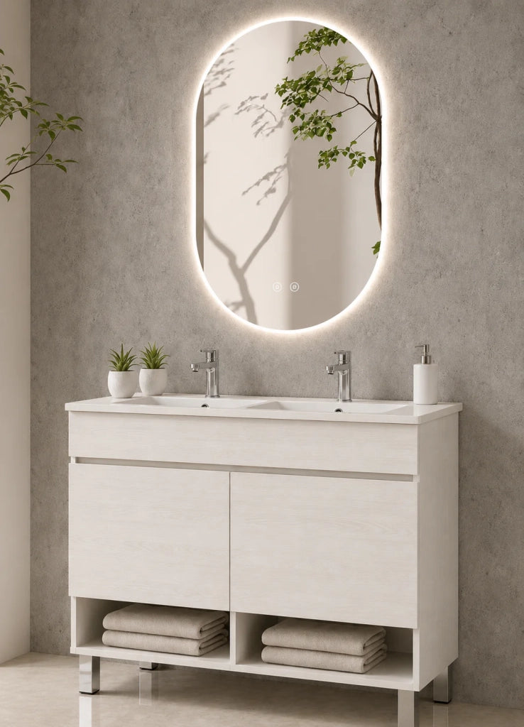 Mobile bagno con piedini con lavabo extrapiano ORIGENBATH NEBARI senza specchio 120x45 cm doppio lavabo bianco nordico