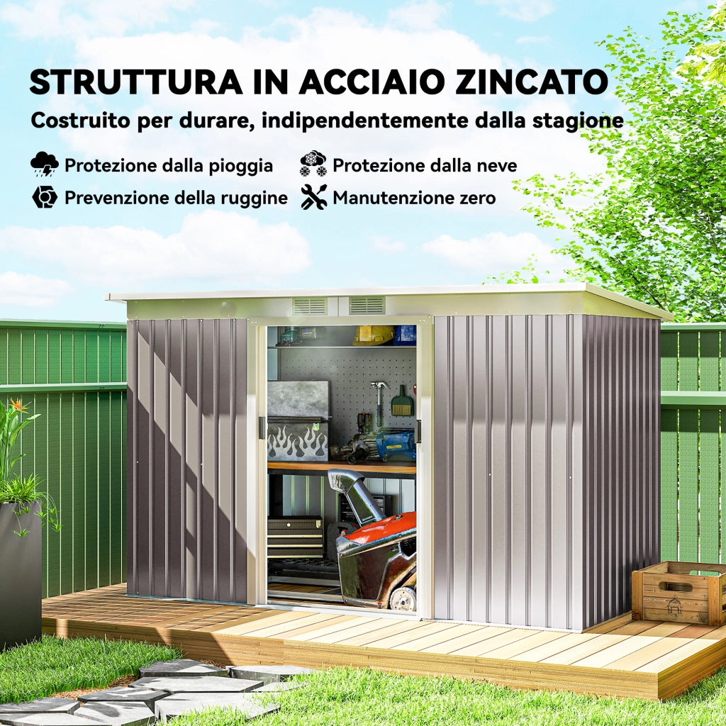 Ripostiglio da Giardino 280x130x172 cm con 2 Prese d'Aria e 2 Porte Scorrevoli in Acciaio Grigio Chiaro