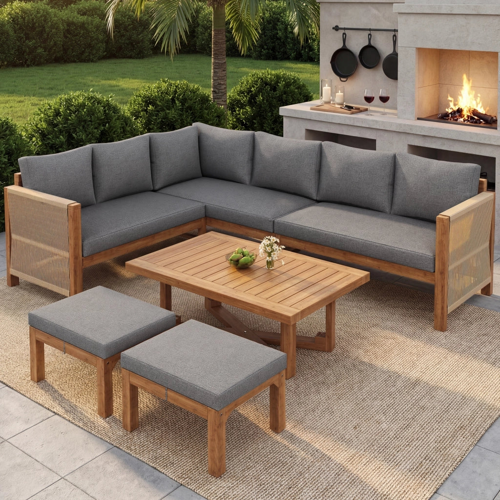 Set di mobili modulari da giardino in legno di acacia divano angolare 6 posti con cuscini 2 sgabelli e tavolo in legno di acacia traspirante e antischizzi per terrazza e giardino