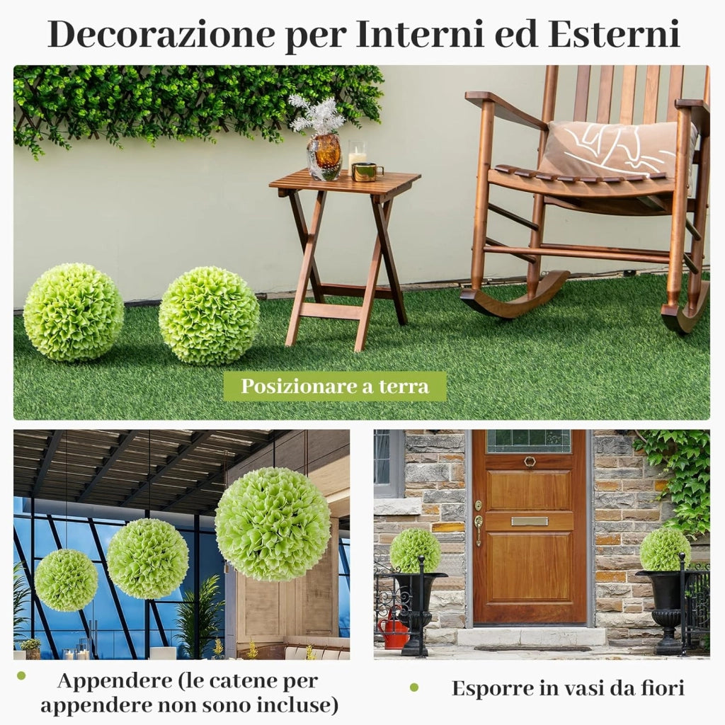 Set di 2 Piante Finte Sfera di Bosso 28 cm per Vaso, Palla di Topiarie Sintetica in PE da Giardino, Piante Artificiali Decorative Arredamento da Interno ed Esterno (Verde)