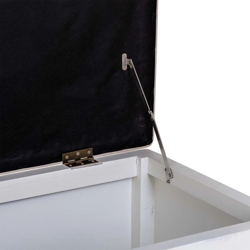 Sgabello imbottito in legno laccato bianco antico 120x43x48h cm