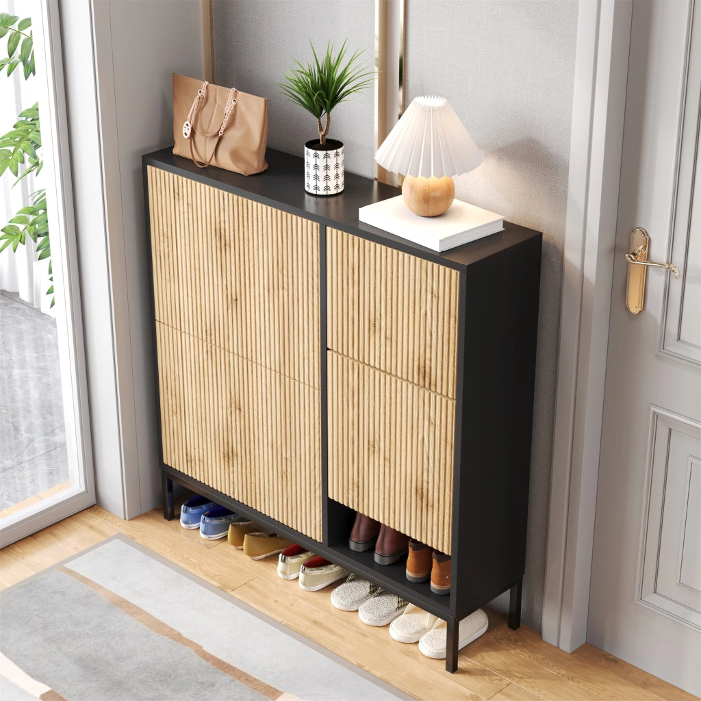 Scarpiera con 3 Ante a Ribalta e Panca Estraibile; Vano a Giorno; Stile Moderno; in MDF; Nero e Naturale; 100×25×100 cm