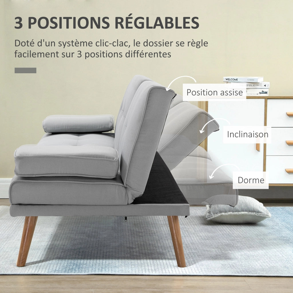 Divano letto 3 posti imbottito con schienale regolabile e portaoggetti ¨C zephmum ¨C tessuto grigio chiaro 200x90x80 cm