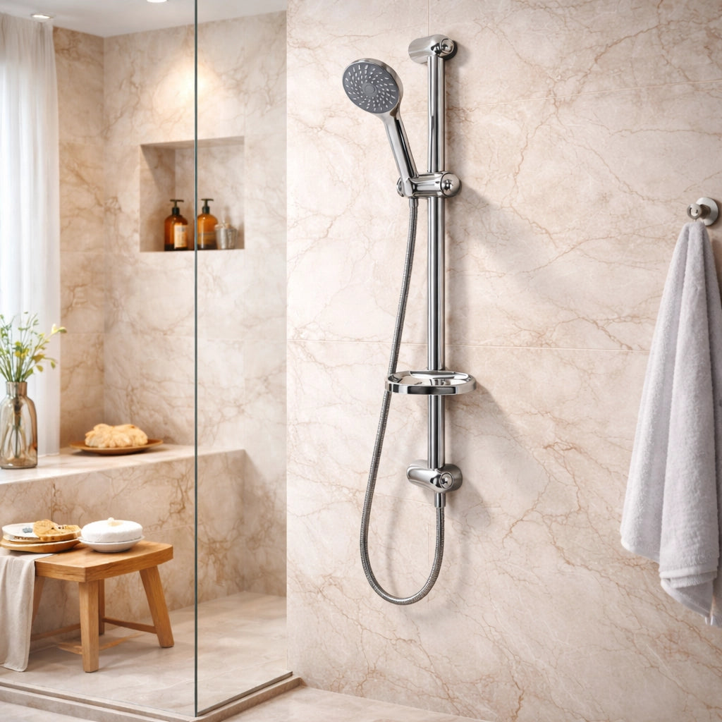 Saliscendi Doccia Cromato 60 cm con Soffione Multigetto e Portasapone 69133