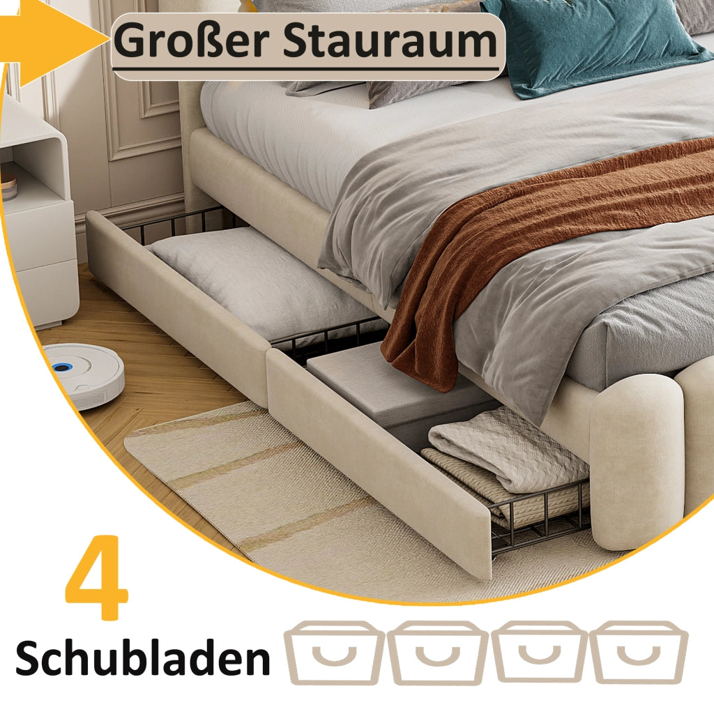 OKWISH Letto con Cassetti 160×200 cm, Letto Matrimoniale con 4 Cassetti, USB, Altoparlanti e LED Regolabile, senza Materasso, Velluto, Beige