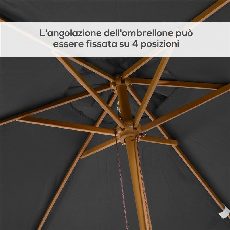 OMBRELLONE DA GIARDINO 2X3M IN LEGNO E BAMBÙ CON 8 STECCHE E COPERTURA IN POLIESTERE GRIGIO SCURO