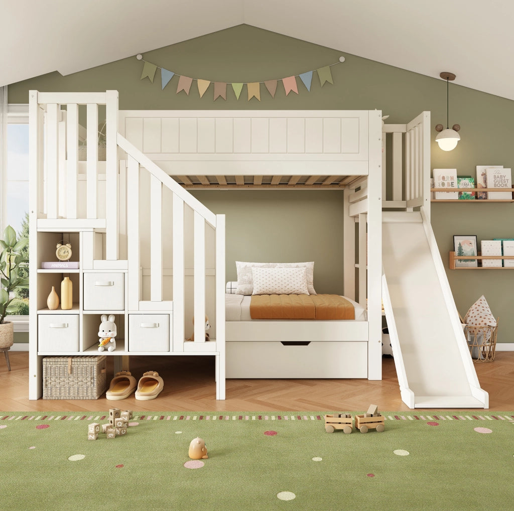 Letto a castello per bambini 90x200 cm con scivolo; scala contenitore e cassetti; bianco