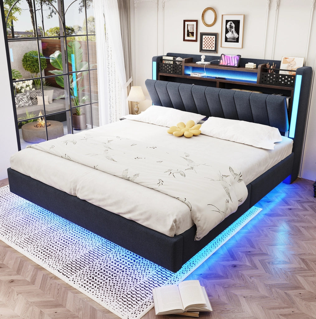 Letto matrimoniale imbottito 140x200 cm con LED e USB, grigio