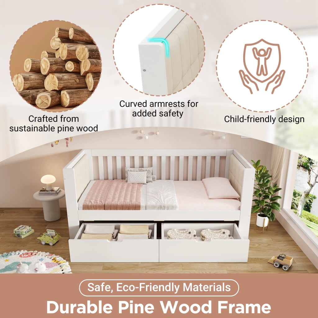 DESMIU Letto singolo 90 × 200 cm con 2 cassetti, schienale e braccioli, senza materasso, in legno bianco