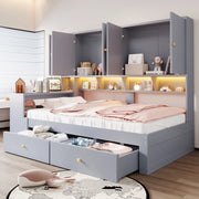 Letto 90x200 cm con scrivania, LED, prese e cassetti in compensato e MDF grigio
