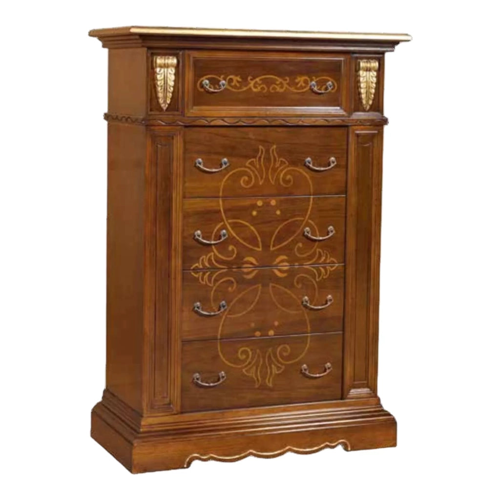 Cassettiera in legno intarsiata in foglia oro finitura bassano 106x53x153 - Mobili 2G