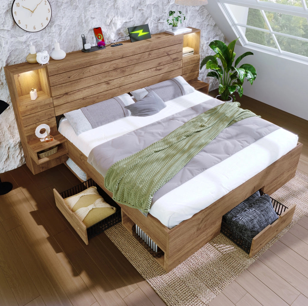 Letto matrimoniale 180x200 cm con LED, USB-C e cassetti