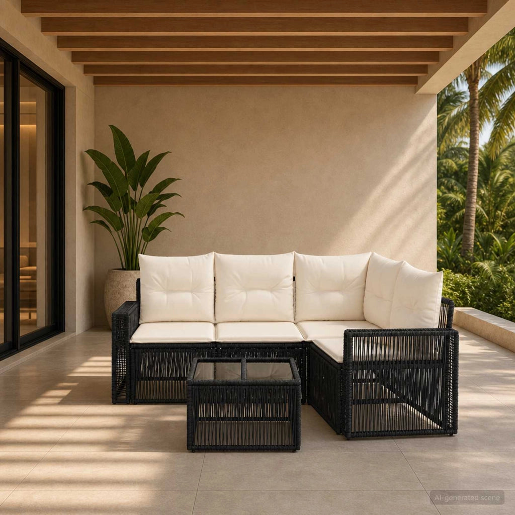 Set Divano da Giardino 5 pz Nero e Bianco Crema polyrattan 3435118