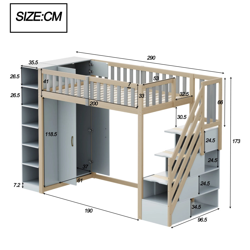OKWISH Letto a Soppalco 90×200 cm, Letto Singolo con Armadio, Mensole e Scala con Contenitore, senza Materasso, in Legno, Grigio