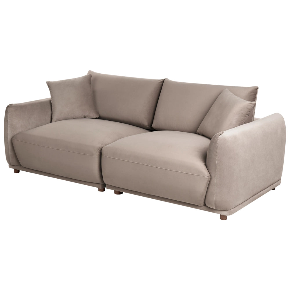 Set divano moderno a 5 posti in velluto con cuscini decorativi e poltrone con gambe in legno tortora stile moderno