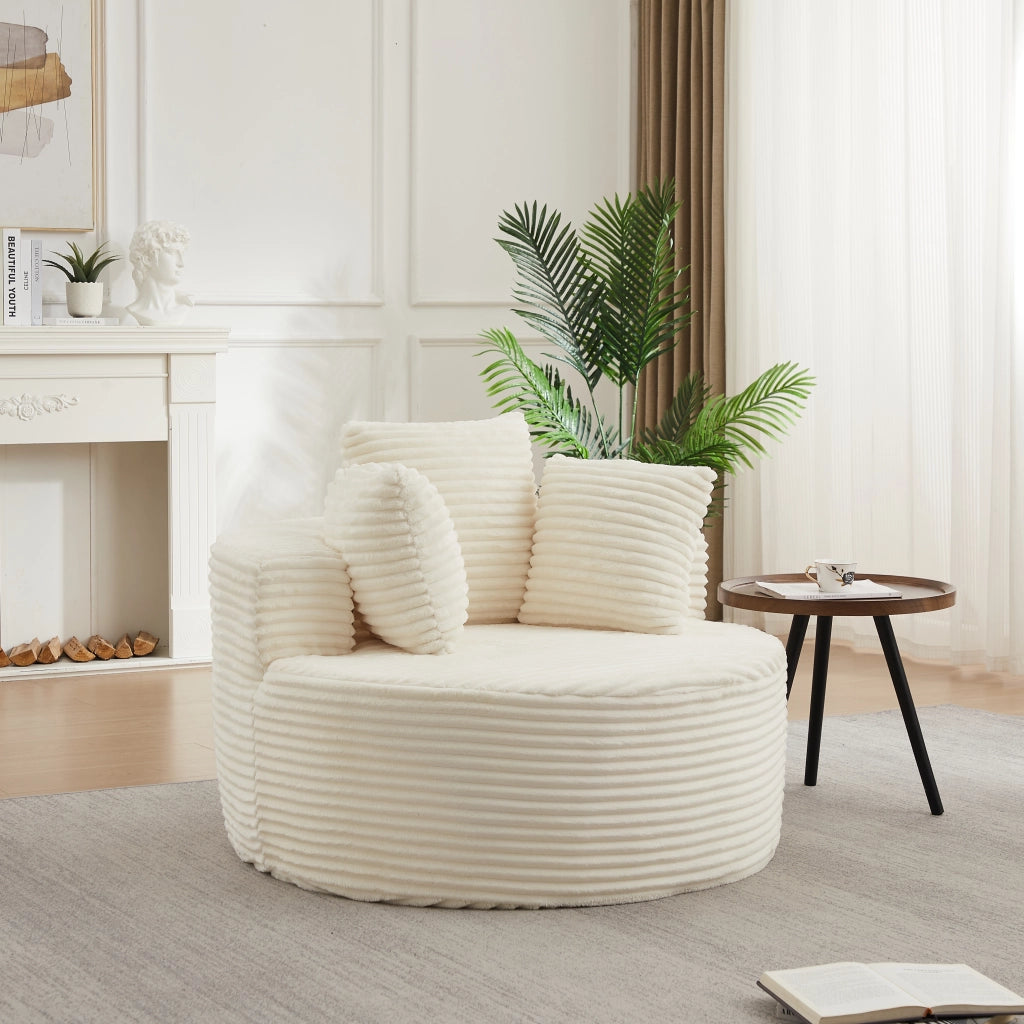 Poltrona lounge rotonda con braccioli larghi e 3 cuscini in velluto a coste, schiuma e molle, beige