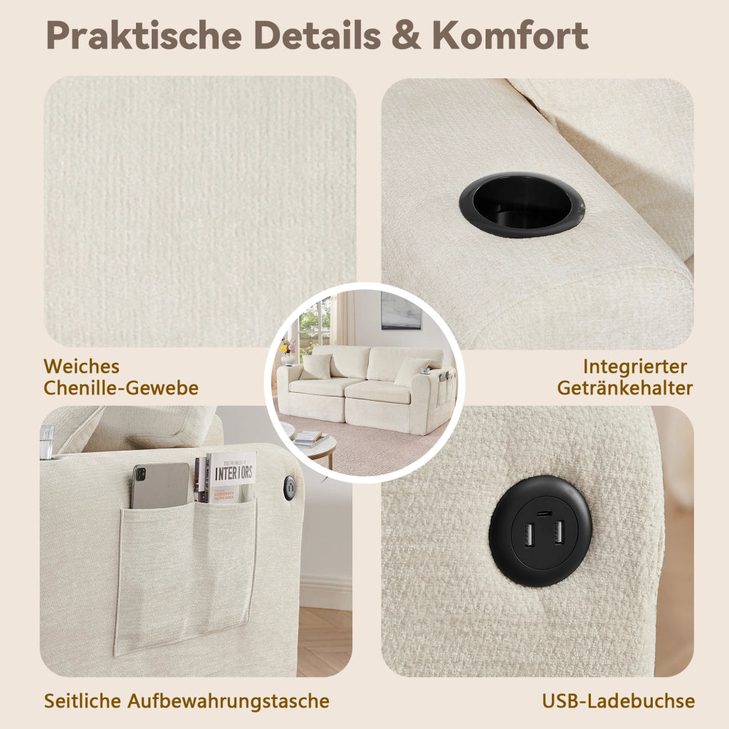 Divano relax 2 Posti con USB, tasca laterale, portabicchieri e cuscini, in Chenille, Beige