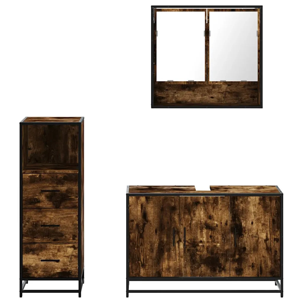 Set Mobili da Bagno 3 pz Rovere Fumo in Legno Multistrato 3301042