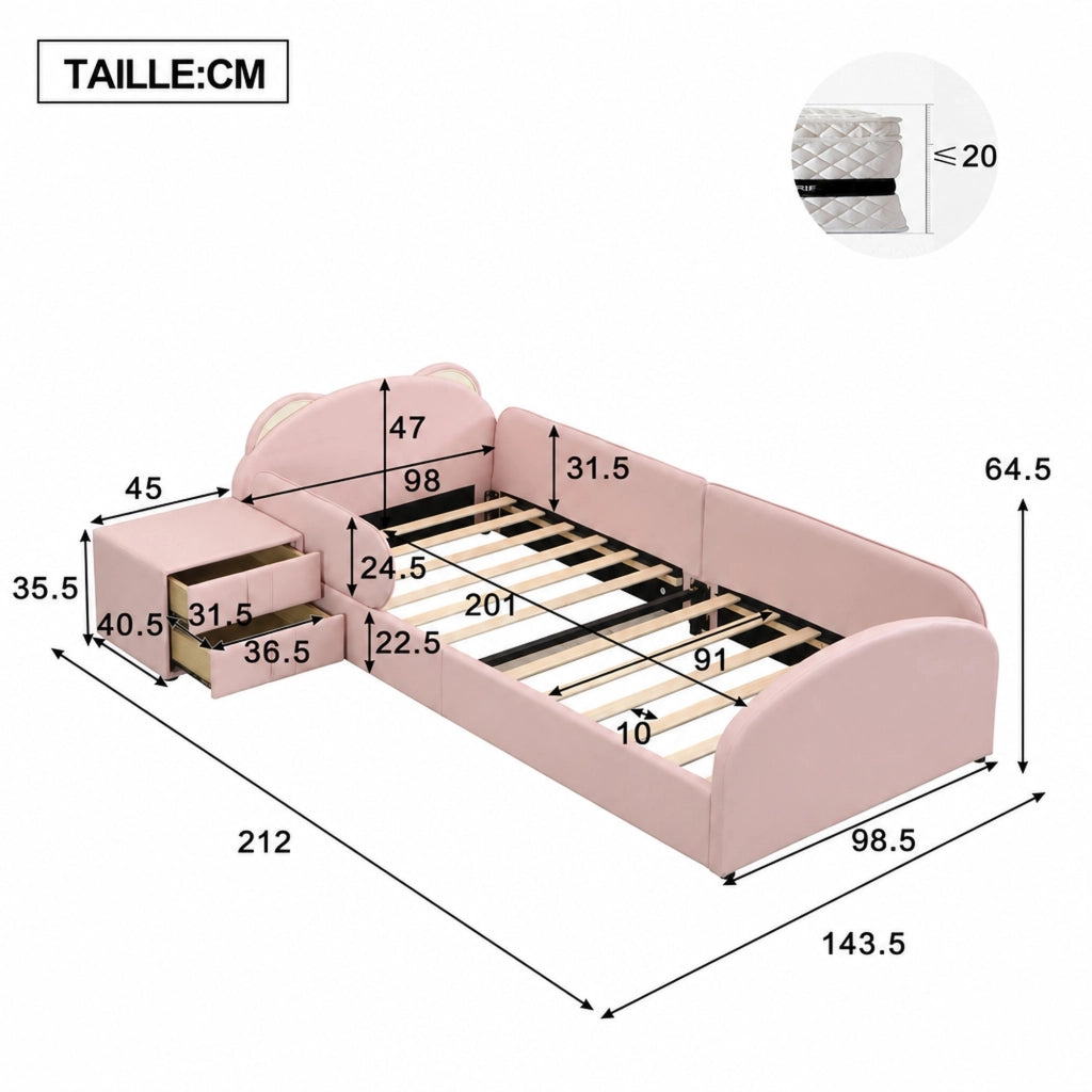 Letto per bambini 90 × 200 cm con testiera a forma di orso, comodino con 2 cassetti, senza materasso, rosa