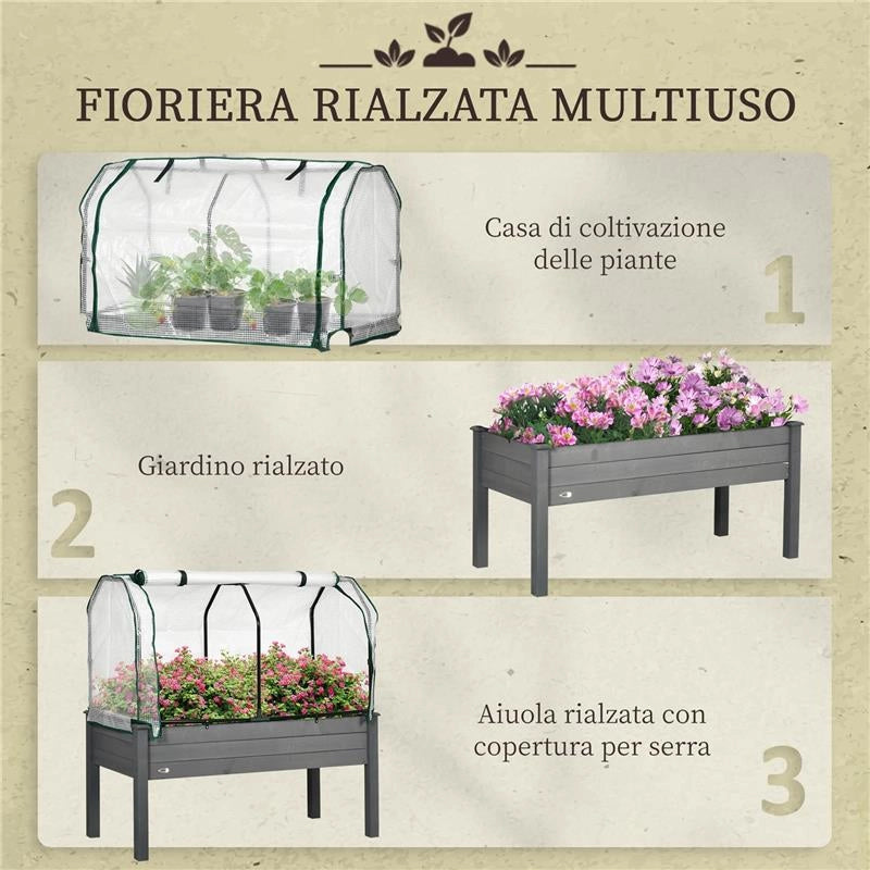 LETTO PER ORTO CON SERRA DA GIARDINO, PORTAPIANTE DA ESTERNO IN LEGNO E PE, 121X55X117 CM, GRIGIO SCURO