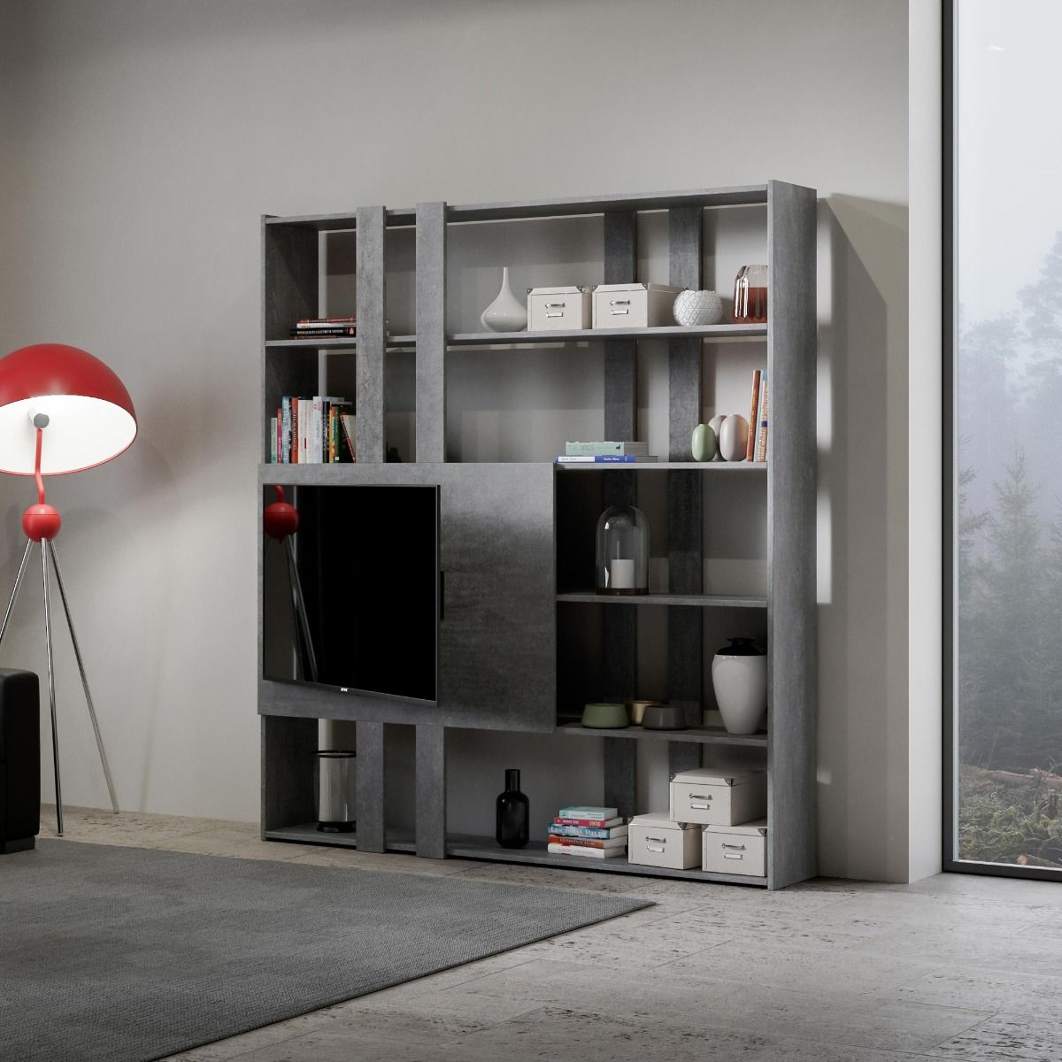 Libreria Moderna 5 Ripiani con Pannello per TV 178x36x204 cm in nobilitato Grigio