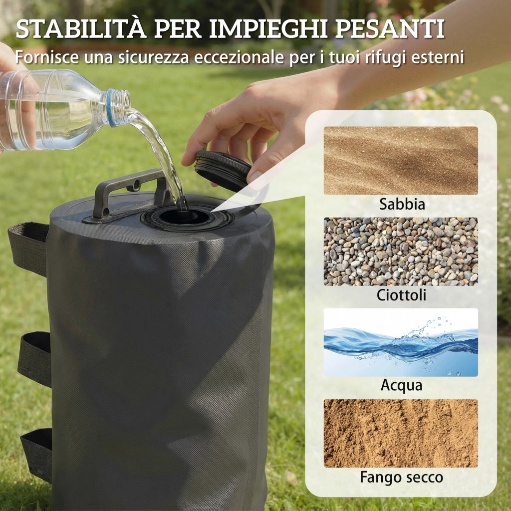 Set 4 Zavorre per Gazebo Ø20x32,5 cm con Maniglie e Cinghie a Strappo in Tessuto Plastica 500D Nero