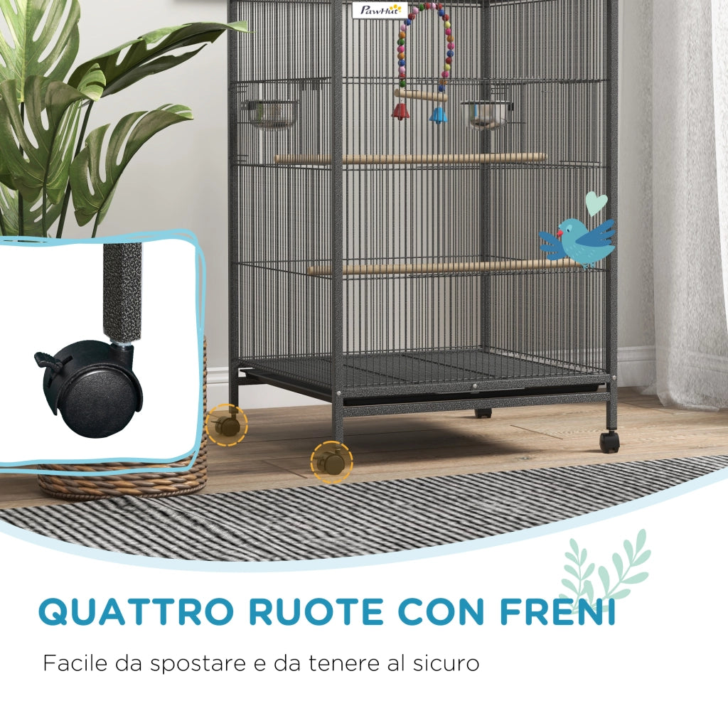 EasyComfort Gabbia per Uccelli in Acciaio e PP con 5 Porte, 2 Posatoi e Vassoio Estraibile, 48x46x74 cm, Grigio