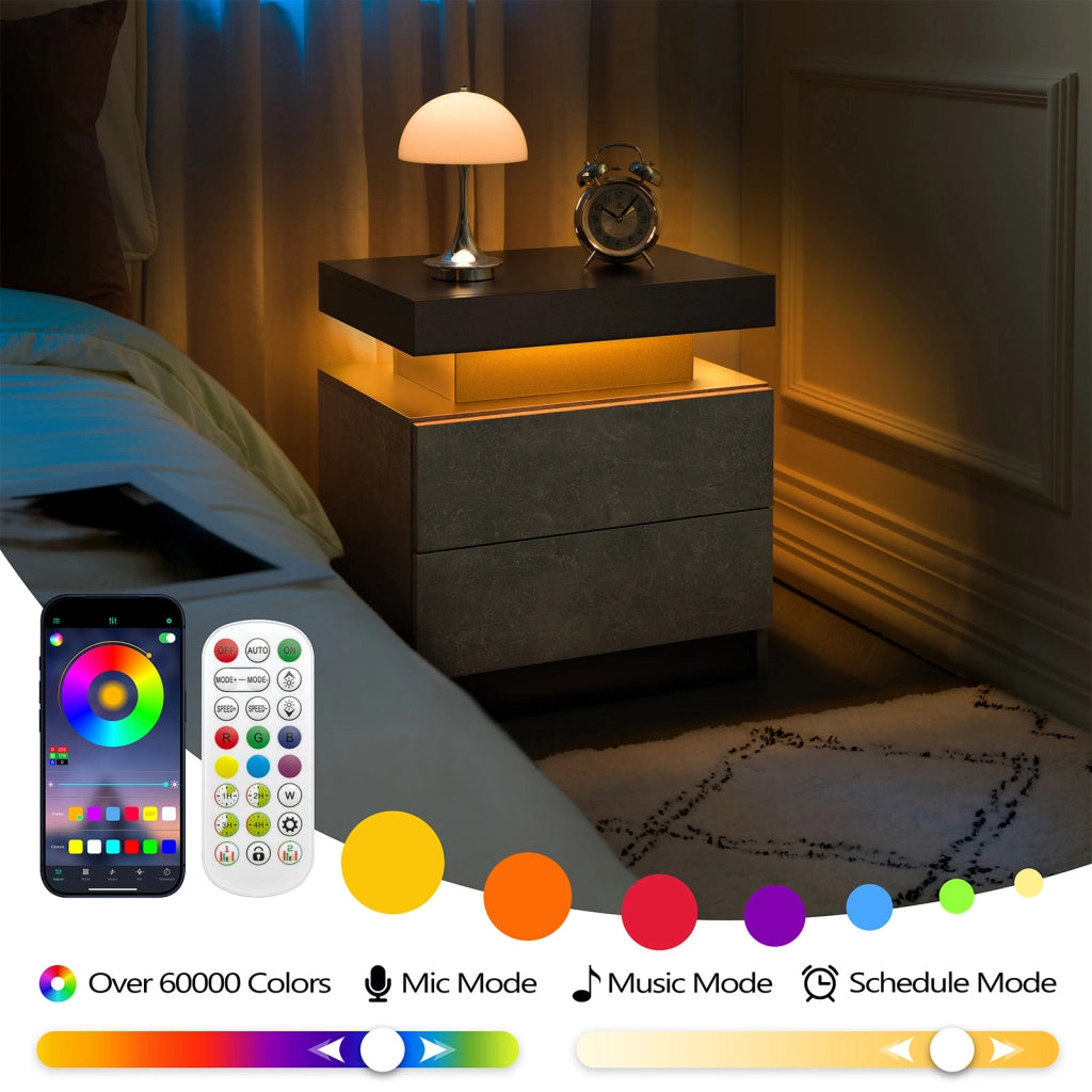 Comodino con LED multicolore, 2 cassetti e vano aperto, per camera da letto, in legno ingegnerizzato, grigio