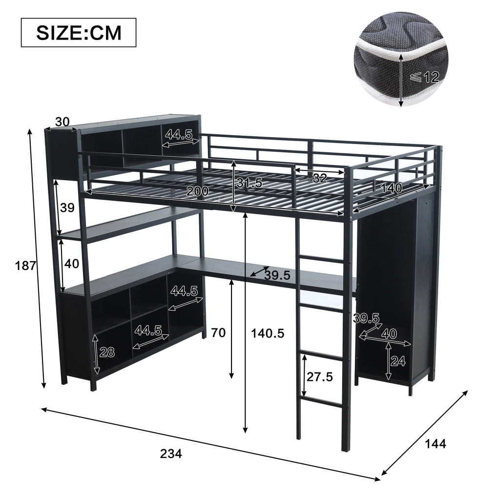 OKWISH Letto a Soppalco 140×200 cm, Letto Matrimoniale con Scrivania, Doppio Spazio Contenitore, Armadio e Vano Contenitore, senza Materasso, Nero